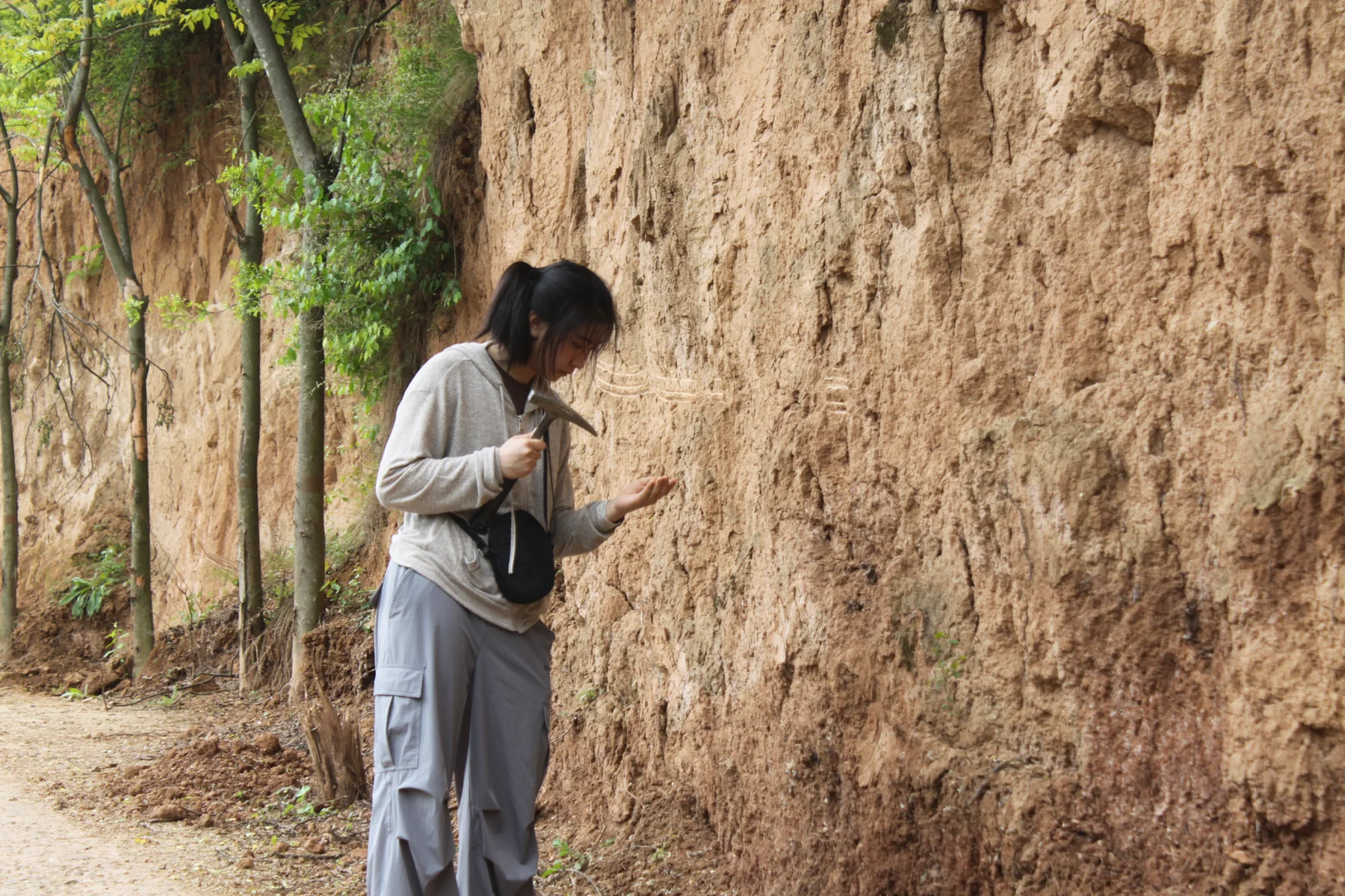 Sophia looking closely at material from a loess exposure while holding a geological hammer